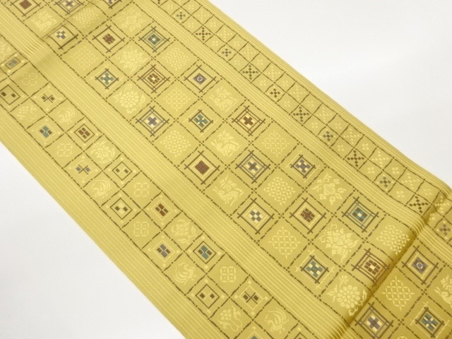 JAPANESE KIMONO / NAGOYA OBI / WOVEN BIRD & GRID